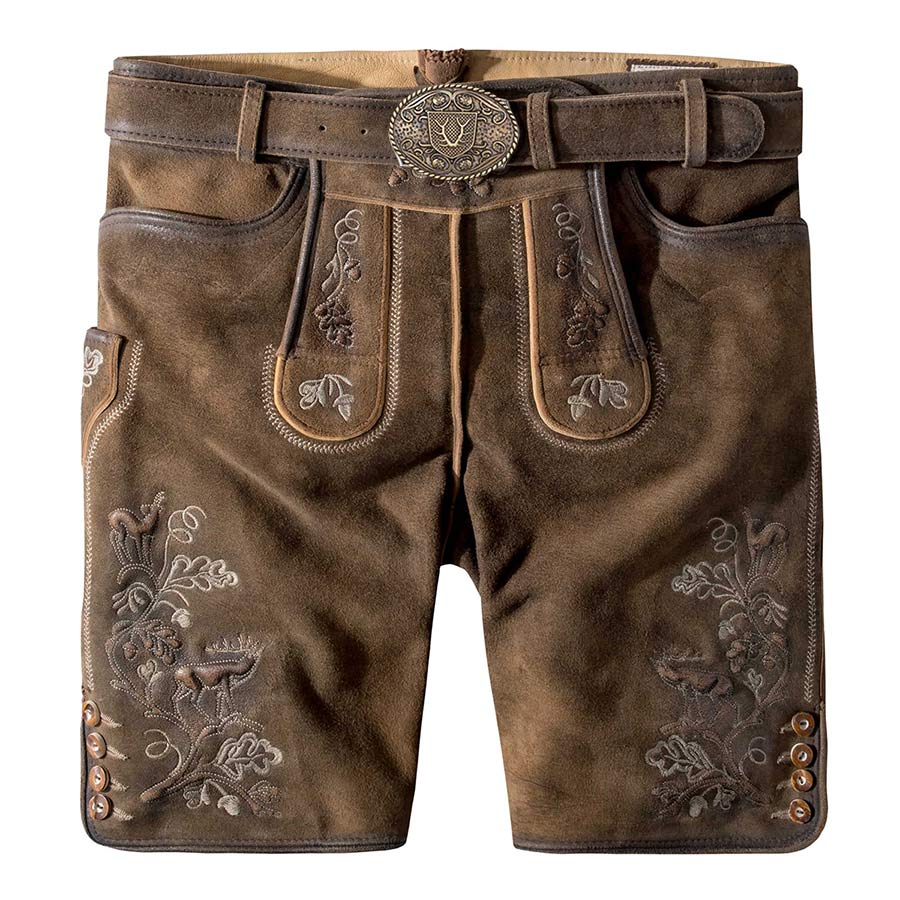 Brown leather shorts with embroidery and a belt on a white background