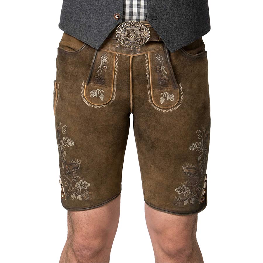 Brown leather shorts with embroidery and a belt on a white background