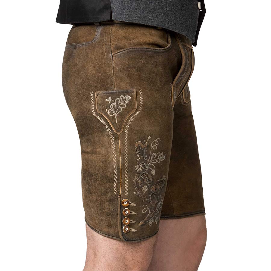 Brown leather shorts with floral embroidery on a white background