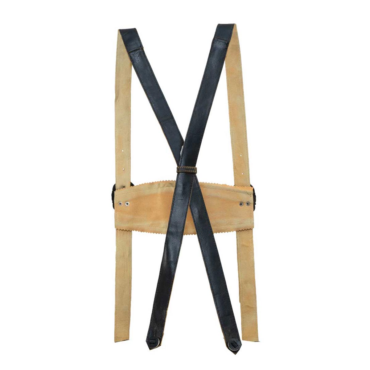 Wooden chair with black leather straps on a white background