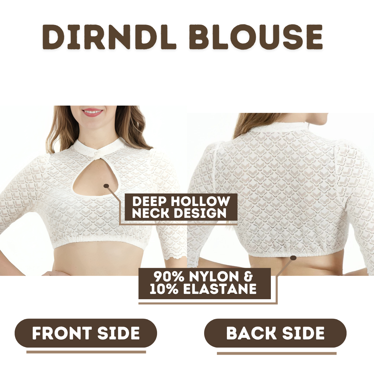 Ladies White Dirndl Blouse Lace Half Sleeve