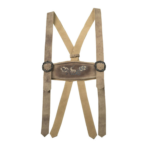 Tan suspenders with decorative buckle on a white background