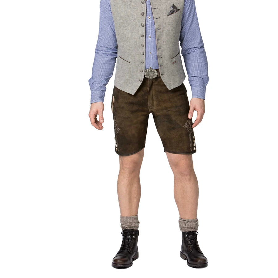 Person wearing a traditional Bavarian outfit with a vest, shirt, shorts, and boots on a white background