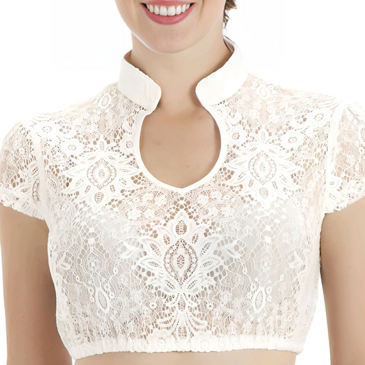 Womens's U-Neck Traditional Blouse Short Sleeve White
