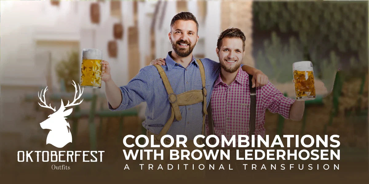 Two men wear Lederhosen with matching shirt red and blue and take beer for drinking