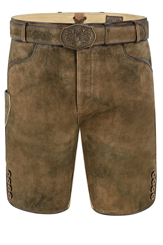 Brown leather shorts with a belt on a white background