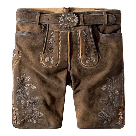 Brown leather shorts with embroidery and a belt on a white background