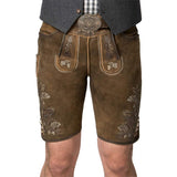 Brown leather shorts with embroidery and a belt on a white background