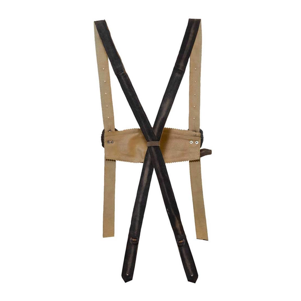 Pair of black suspenders with beige leather straps on a white background