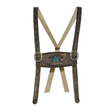 Brown leather suspenders with decorative buckle on a white background