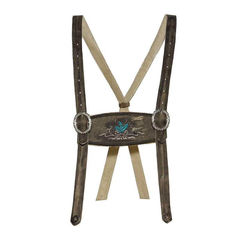 Brown leather suspenders with decorative buckle on a white background