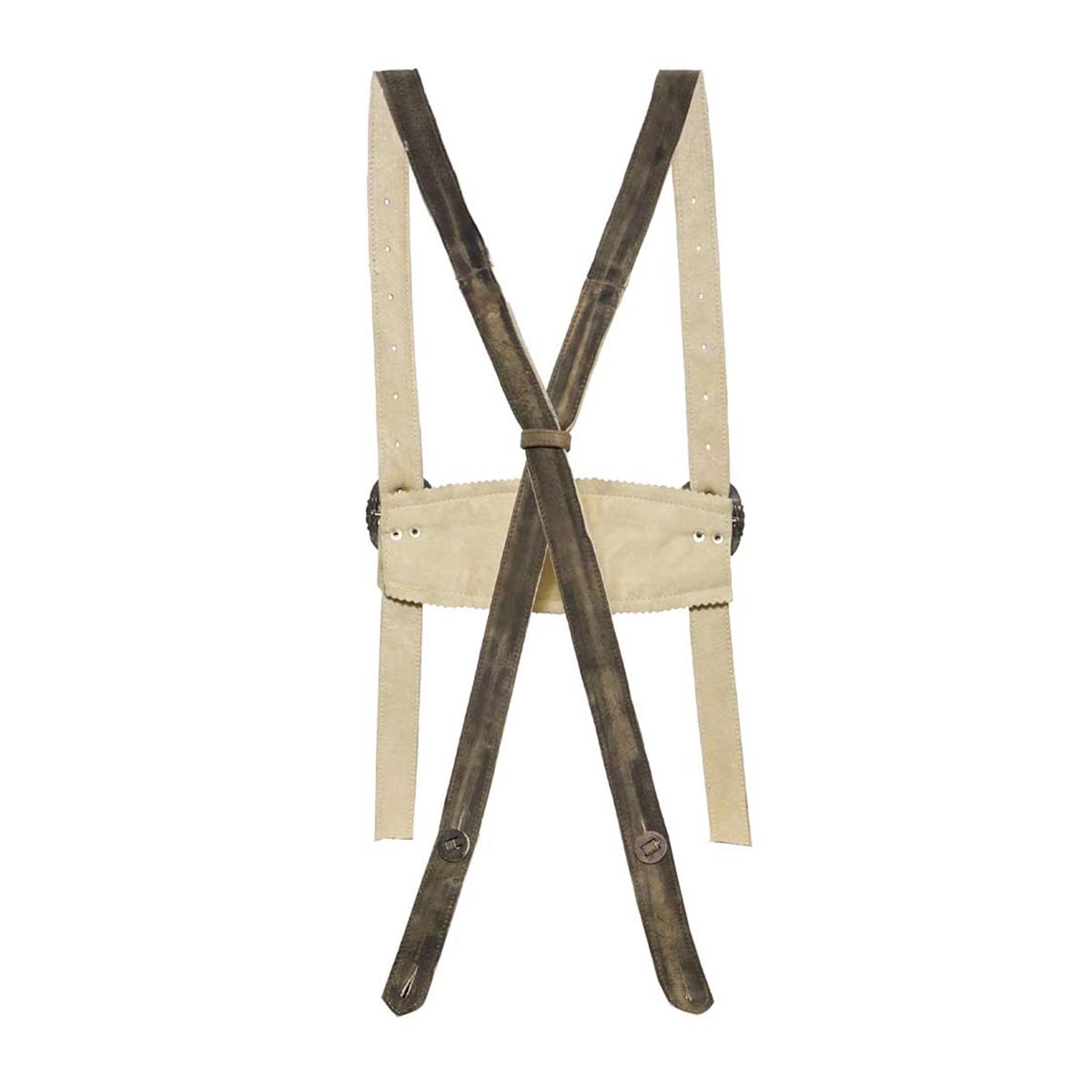 Wooden suspenders with beige straps on a white background