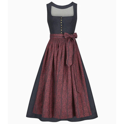 Two-tone dress with a patterned skirt and solid top on a white background