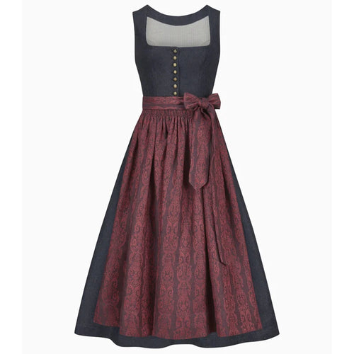 Two-tone dress with a patterned skirt and solid top on a white background