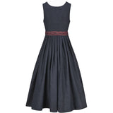Dark gray dress with a red belt on a white background