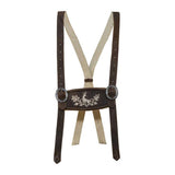 Brown suspenders with decorative buckle on a white background
