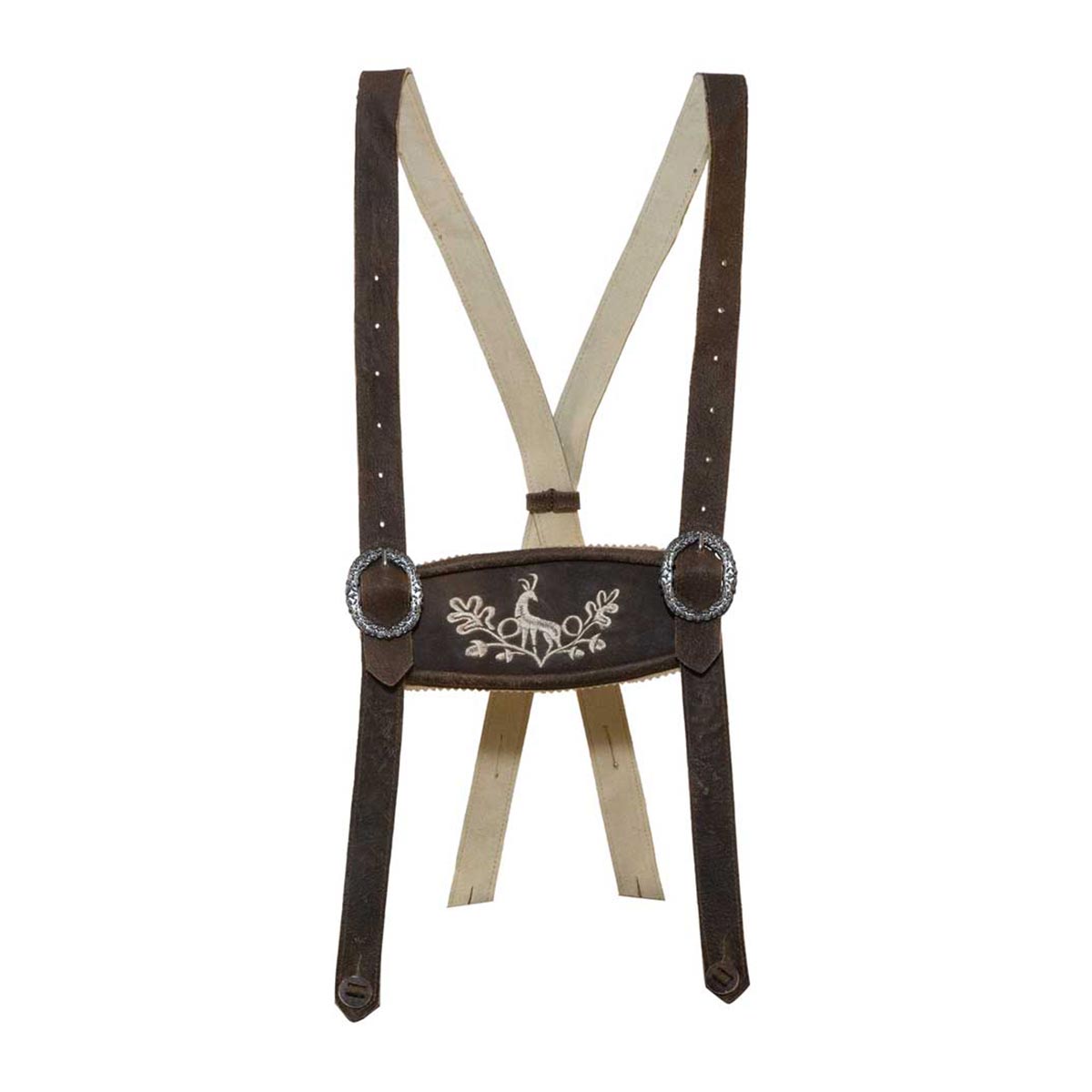 Brown suspenders with decorative buckle on a white background