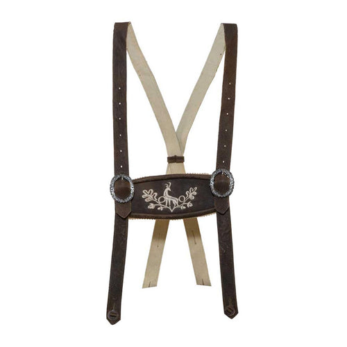 Brown suspenders with decorative buckle on a white background