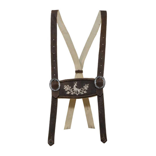 Brown suspenders with decorative buckle on a white background
