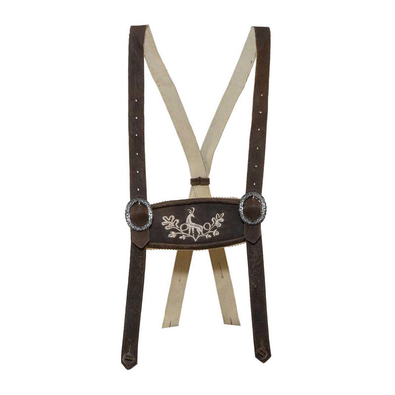 Brown suspenders with decorative buckle on a white background