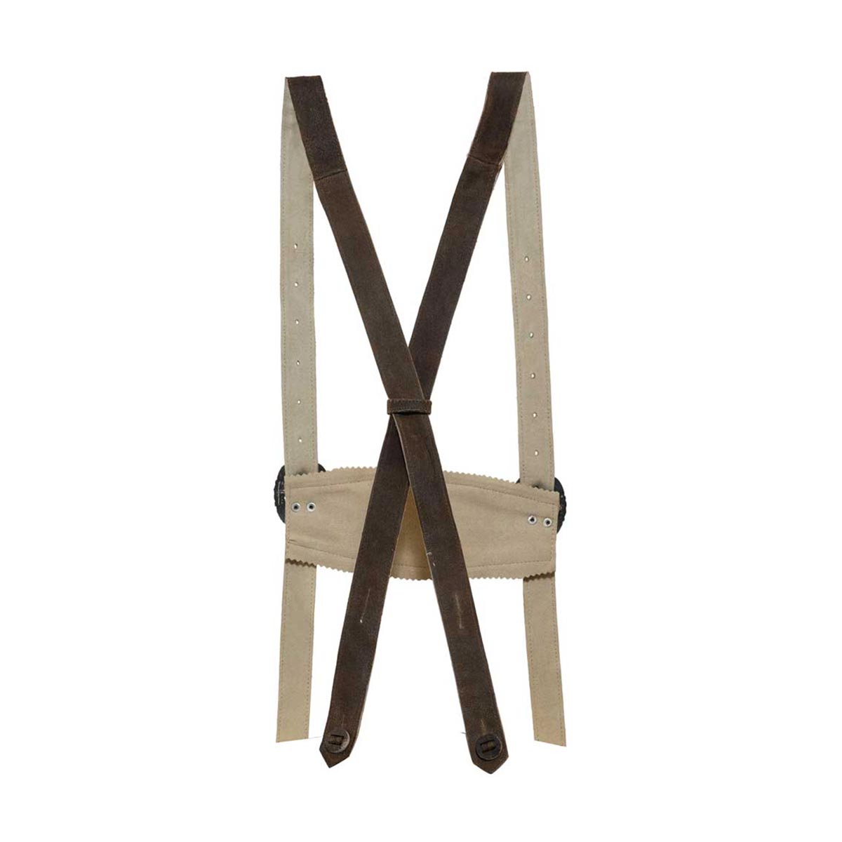 Beige suspenders with brown leather straps on a white background