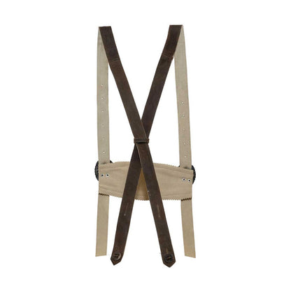 Beige suspenders with brown leather straps on a white background