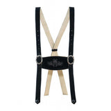 Black and beige suspenders with a decorative buckle on a white background