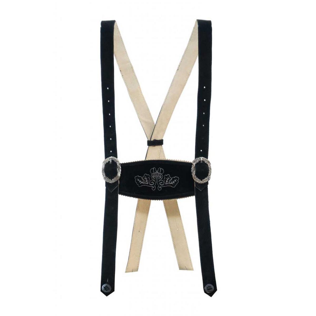 Black and beige suspenders with a decorative buckle on a white background