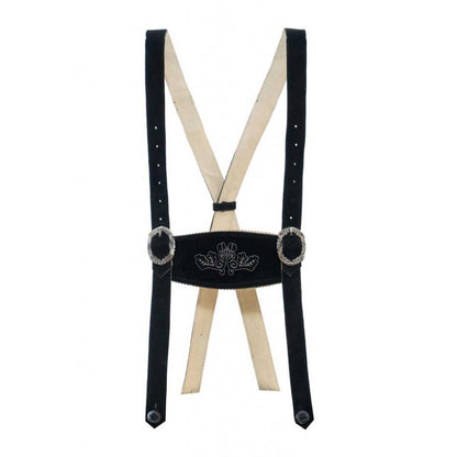 Black and beige suspenders with a decorative buckle on a white background