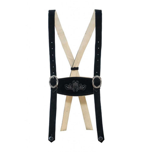 Black and beige suspenders with a decorative buckle on a white background