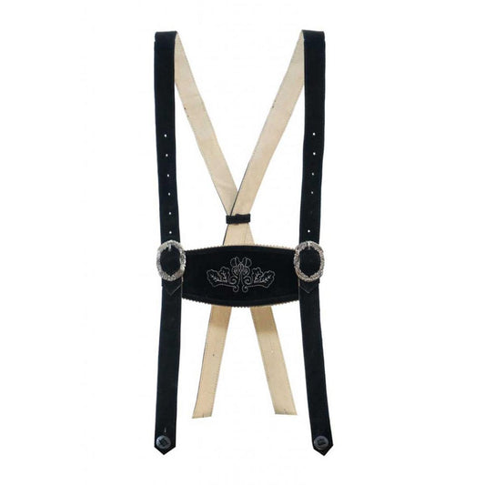 Black and beige suspenders with a decorative buckle on a white background