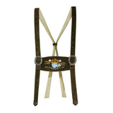 Brown leather suspenders with decorative buckle on a white background