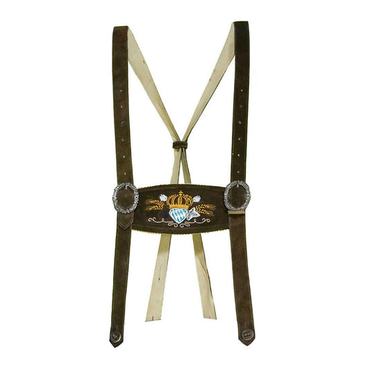 Brown leather suspenders with decorative buckle on a white background