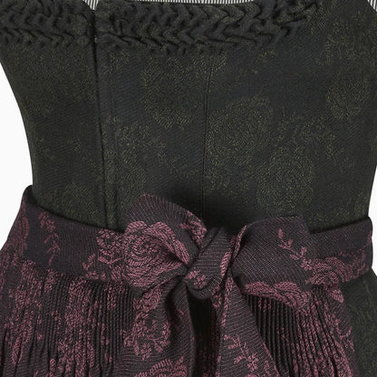 Black and purple patterned dress with a belt on a white background