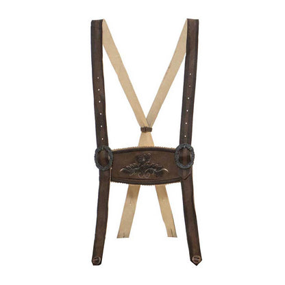 Brown leather suspenders with decorative buckle on a white background