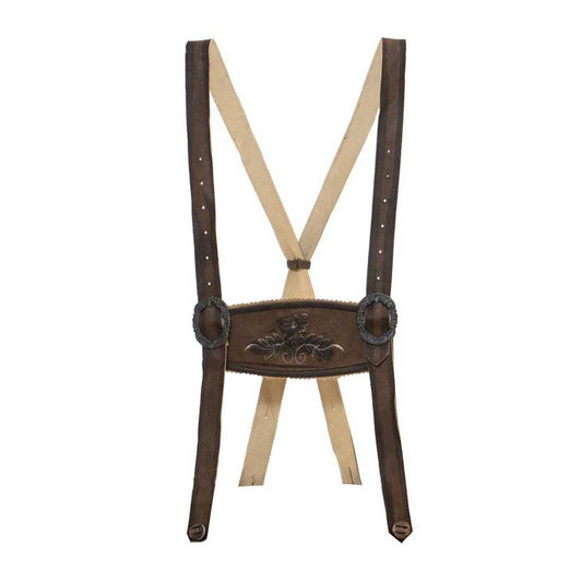 Brown leather suspenders with decorative buckle on a white background