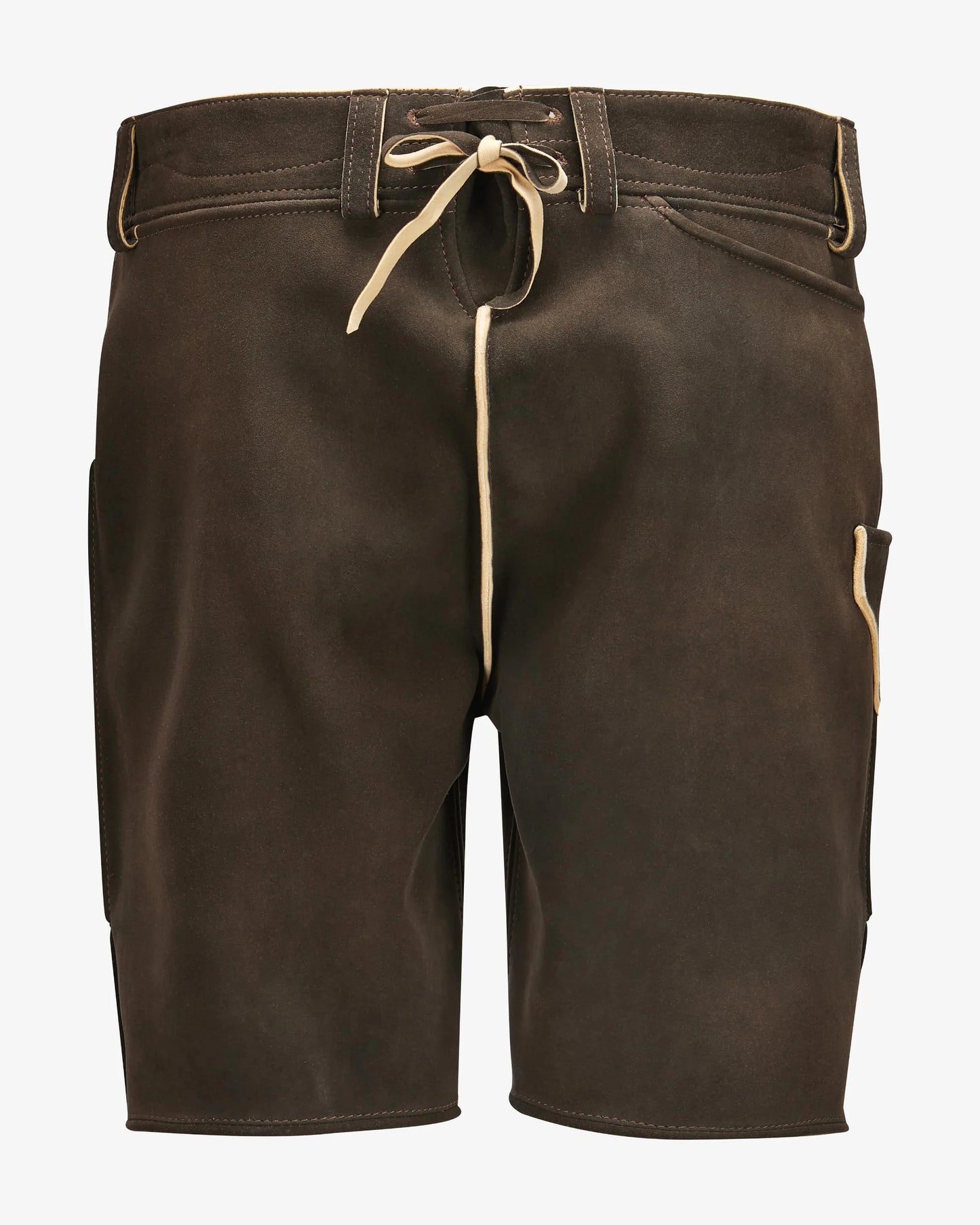 Brown shorts with a drawstring on a white background