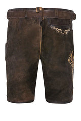 Brown leather shorts with decorative stitching on a white background
