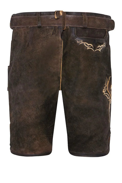 Brown leather shorts with decorative stitching on a white background