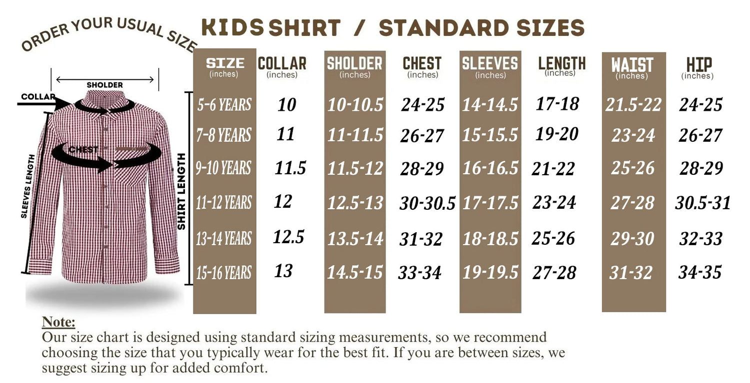 Size chart for kids shirts with standard sizes and measurements.