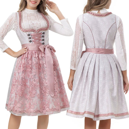 LADIES OKTOBERFEST FANCY GREY PINK MIDI DIRNDL WITH APRON