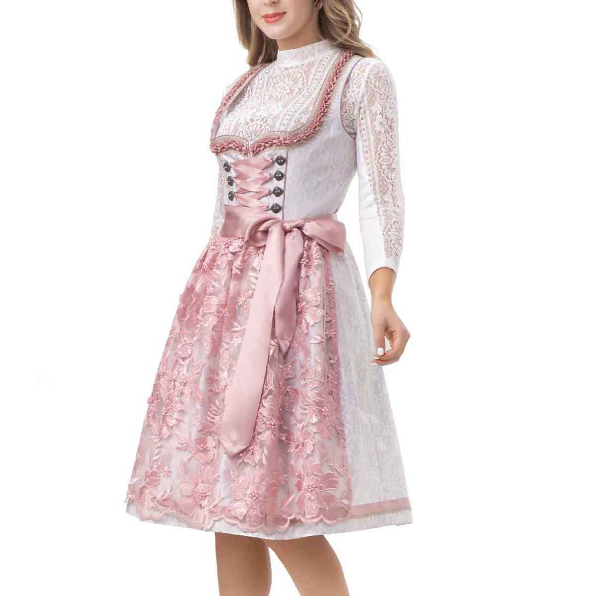 LADIES OKTOBERFEST FANCY GREY PINK MIDI DIRNDL WITH APRON