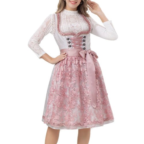 LADIES OKTOBERFEST FANCY GREY PINK MIDI DIRNDL WITH APRON