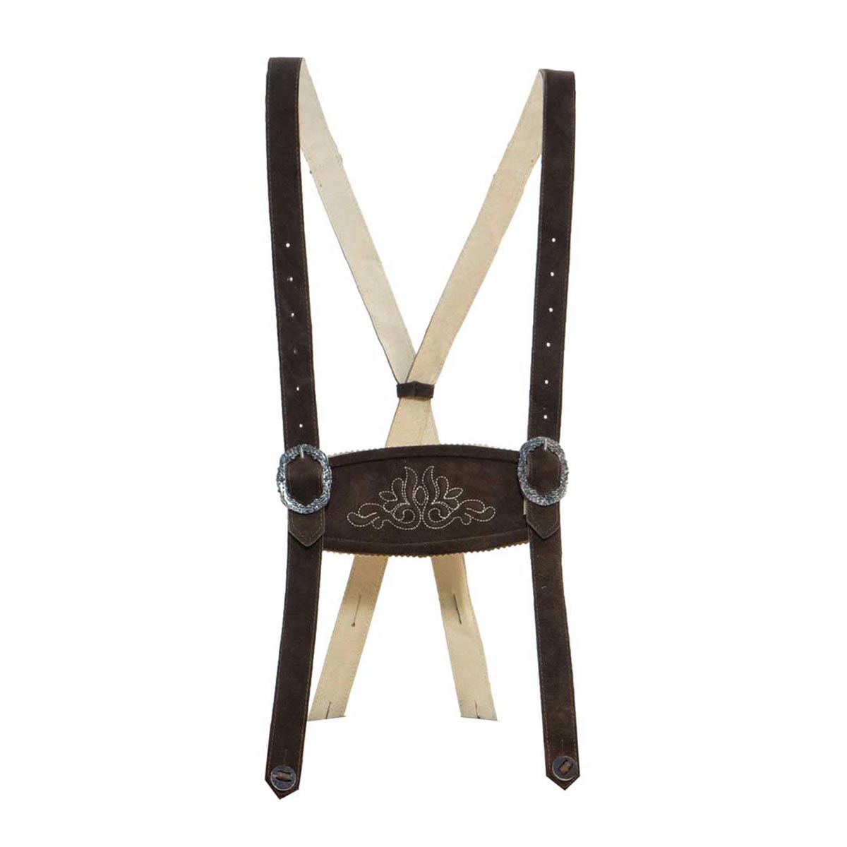 Brown leather suspenders with decorative buckle on a white background