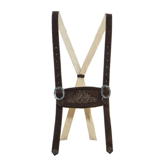 Brown leather suspenders with decorative buckle on a white background