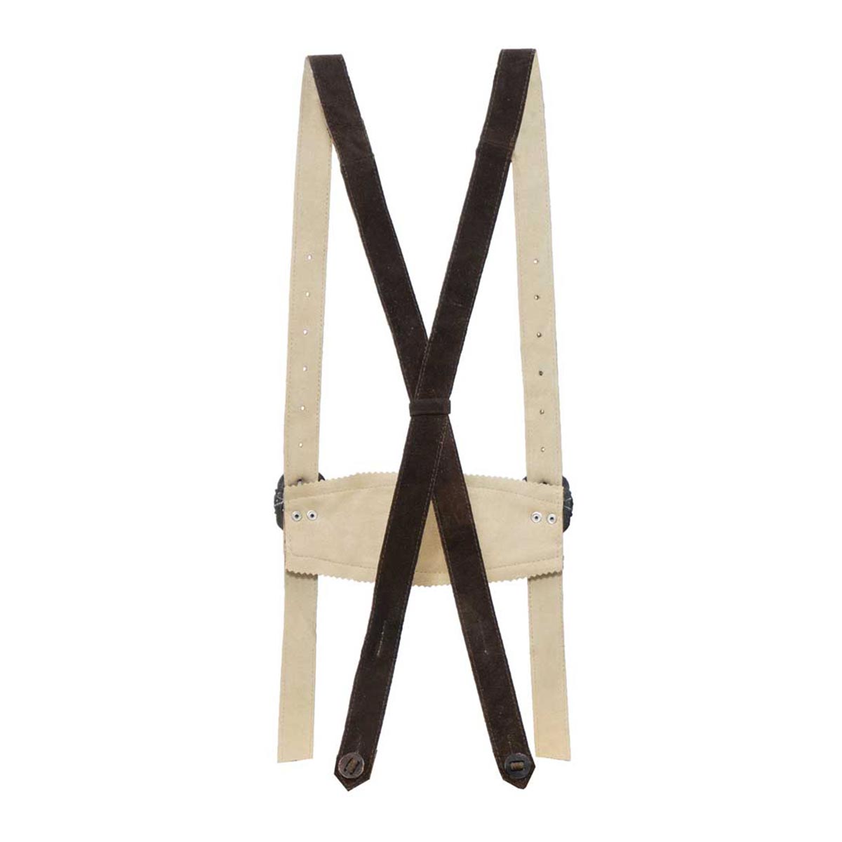 Beige suspenders with brown leather straps on a white background