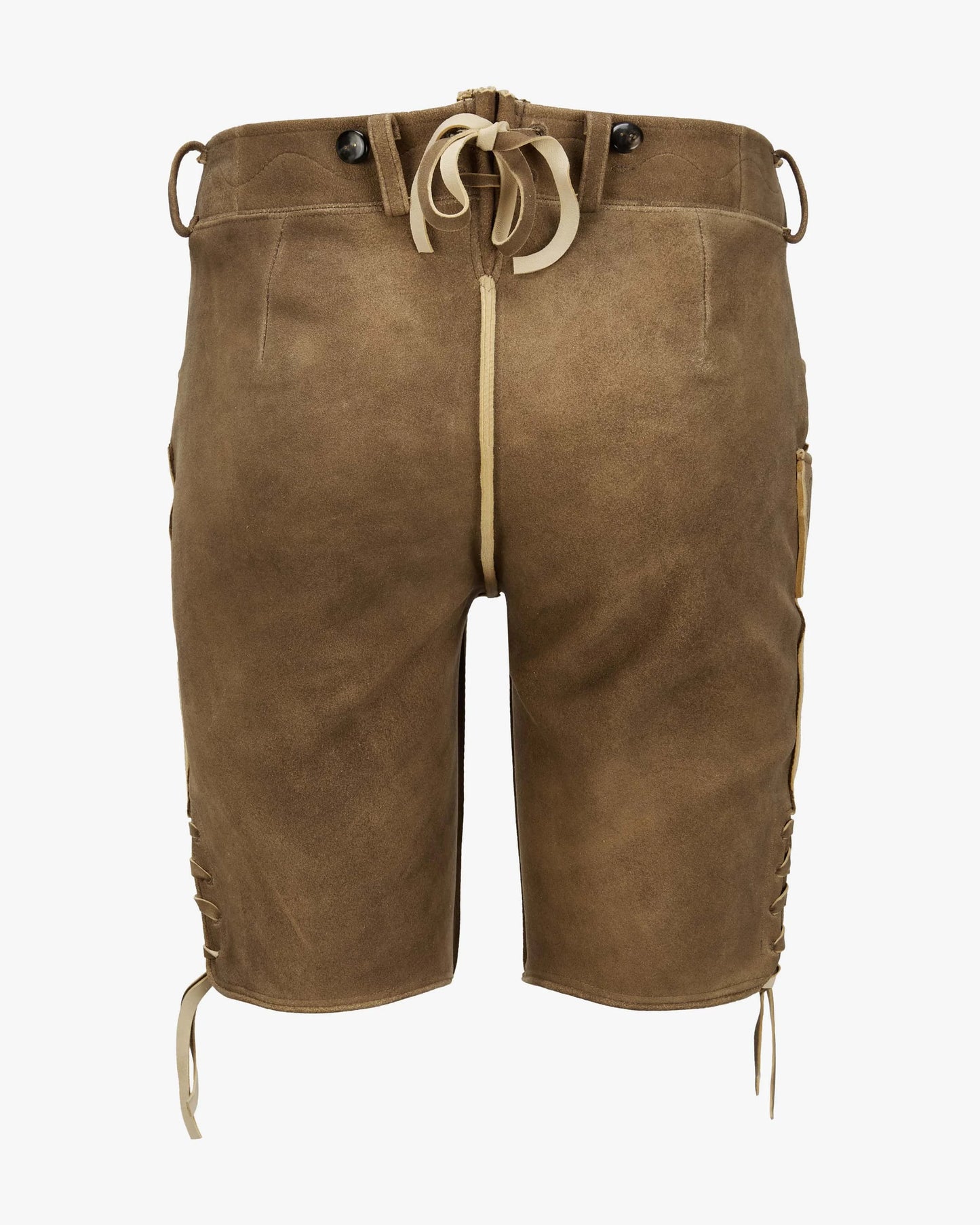 Brown leather shorts with drawstring on a white background