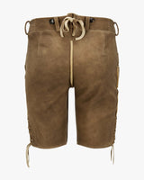 Brown leather shorts with drawstring on a white background