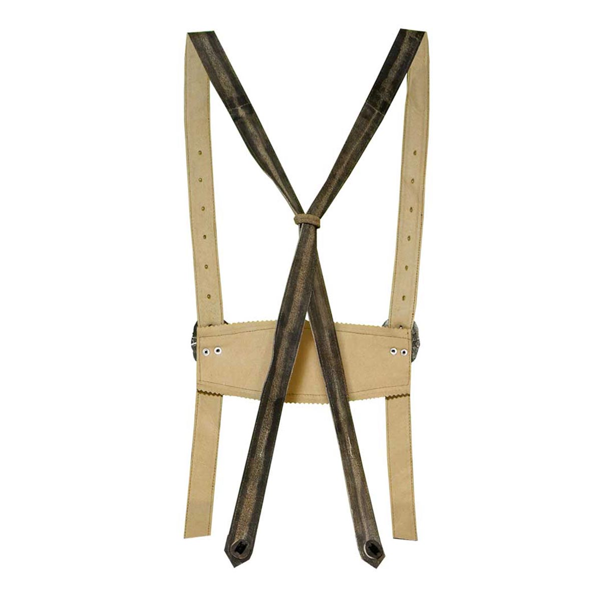 Beige suspenders with brown leather straps on a white background
