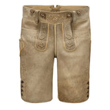 Brown leather shorts with decorative stitching on a white background